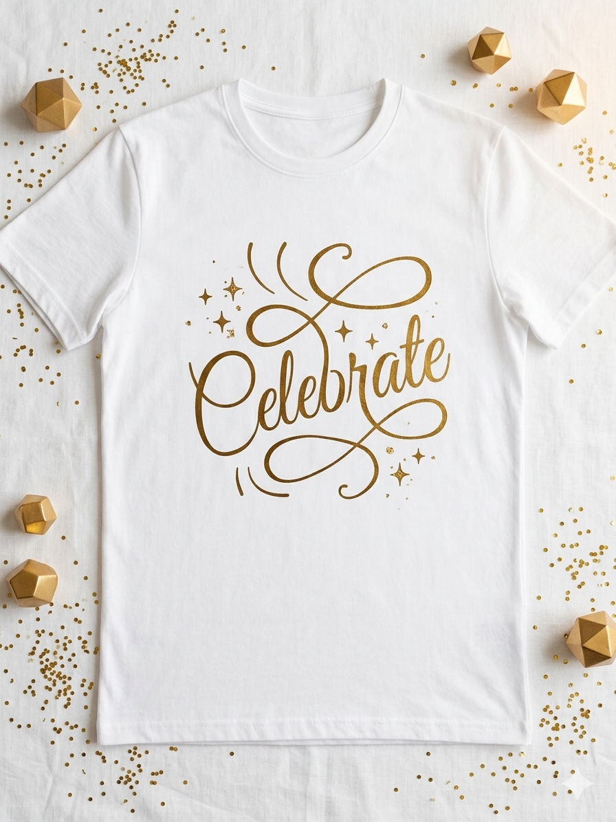 Celebrate Artistic Script T-Shirt – Elegant Festive Graphic Tee