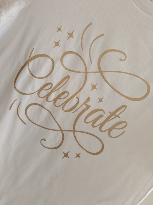 Celebrate Artistic Script T-Shirt – Elegant Festive Graphic Tee